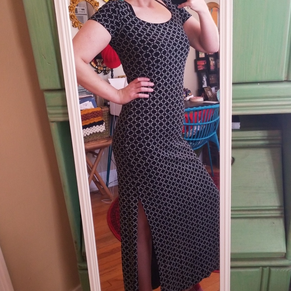 VTG Sexy 90s Blk & White Bodycon Split Maxi Dress - Picture 1 of 8